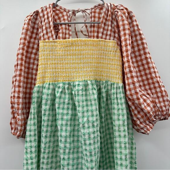 ASOS Design Shirred Mixed Multicolor Gingham Print Long Sleeve Midi Dress Sz 6 - Picture 2 of 8
